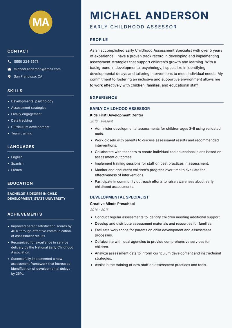 Early Childhood Assessment Specialist resume sample — Early Childhood Assessor focus