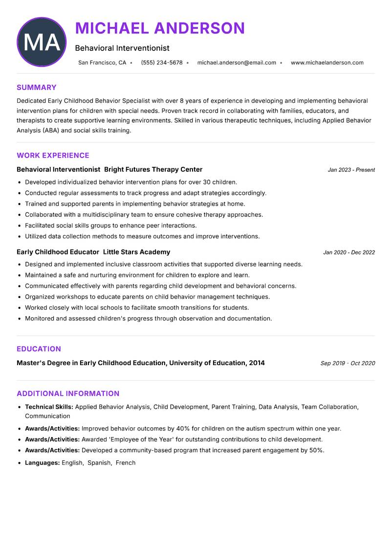 Early Childhood Behavior Specialist resume example