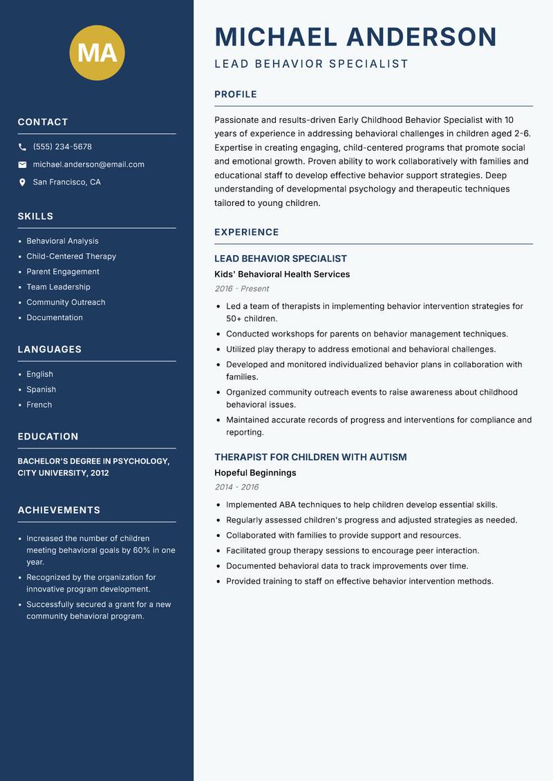 Early Childhood Behavior Specialist resume sample — Lead Behavior Specialist focus