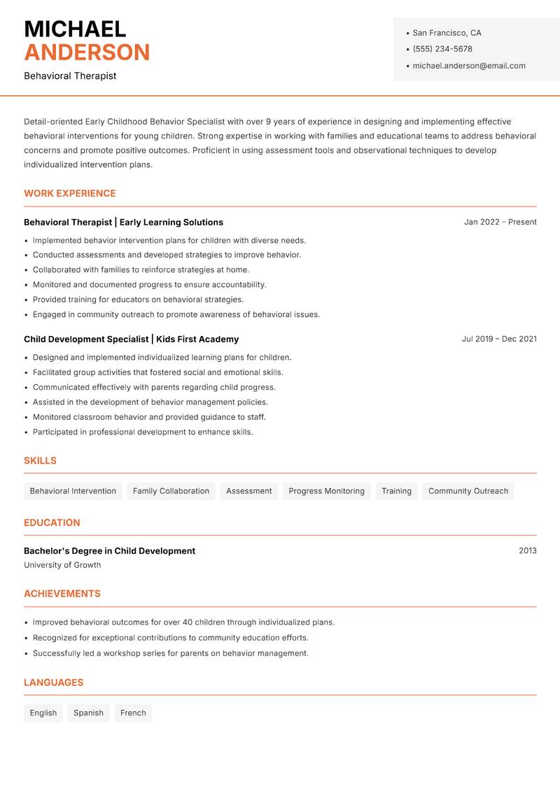 Early Childhood Behavior Specialist resume sample — Behavioral Therapist focus