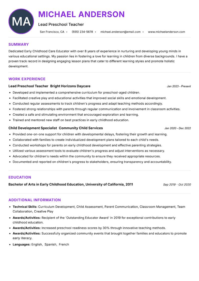 Early Childhood Care Educator resume example