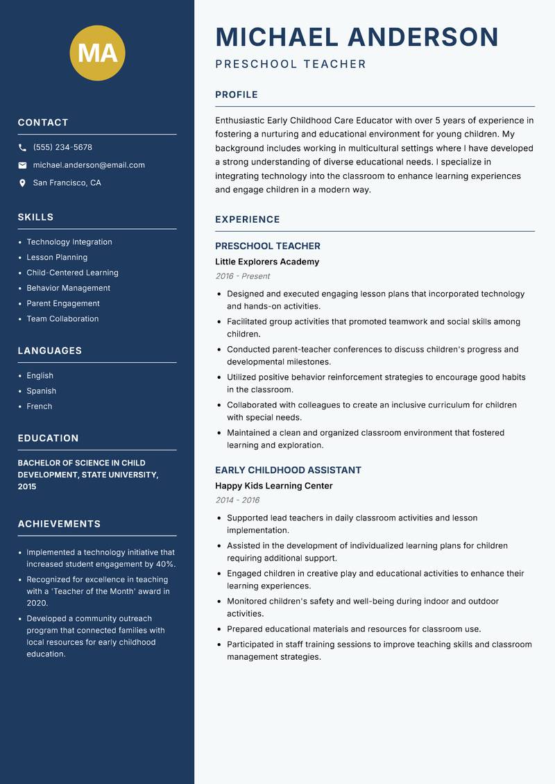 Early Childhood Care Educator resume sample — Preschool Teacher focus