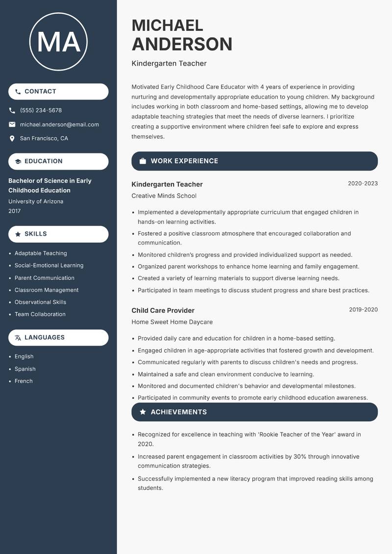 Early Childhood Care Educator resume sample — Kindergarten Teacher focus
