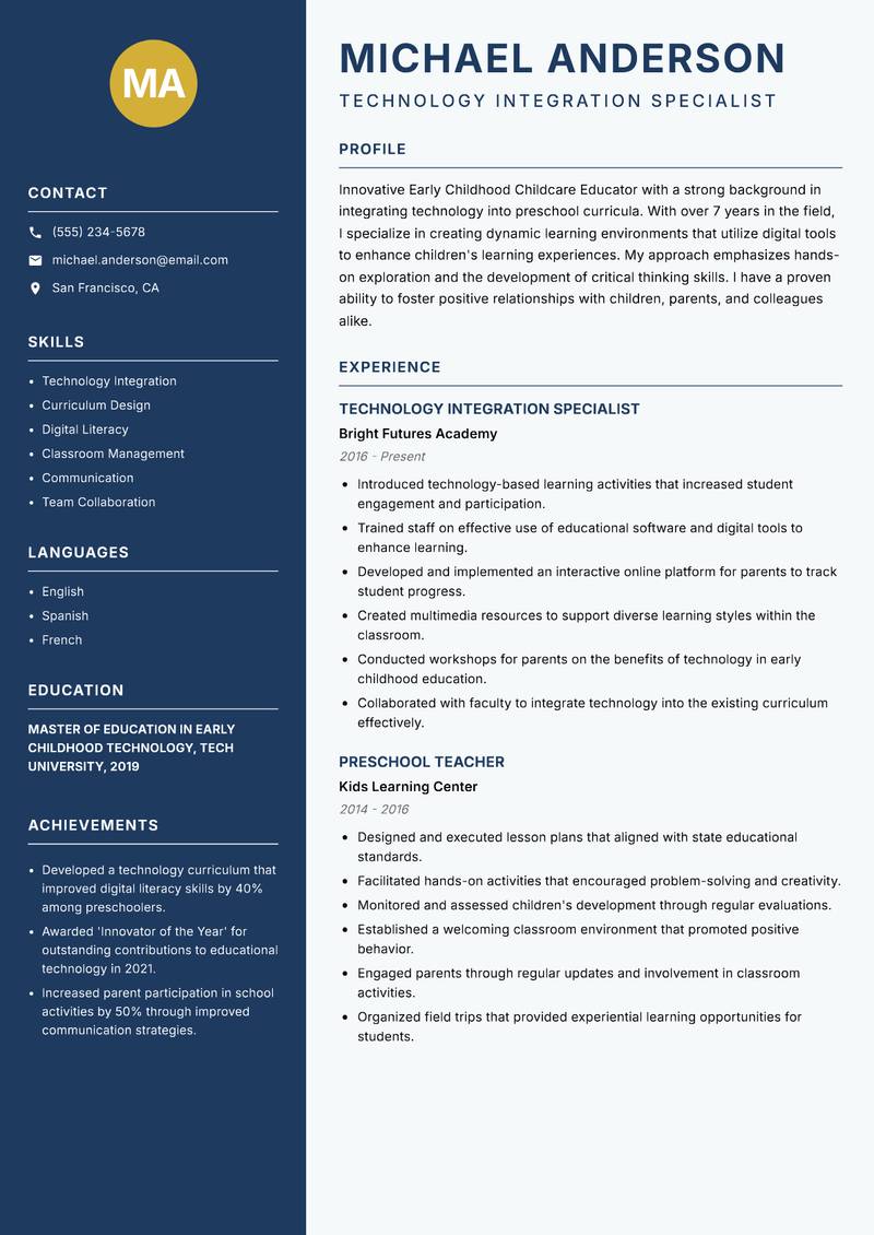 Early Childhood Childcare Educator resume sample — Technology Integration Specialist focus