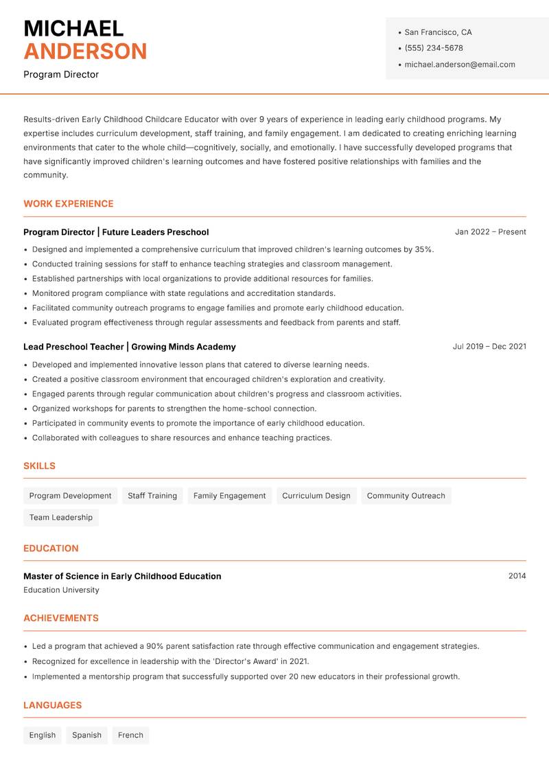 Early Childhood Childcare Educator resume sample — Program Director focus