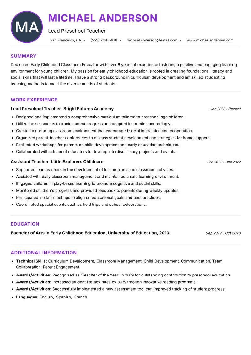 Early Childhood Classroom Educator resume example