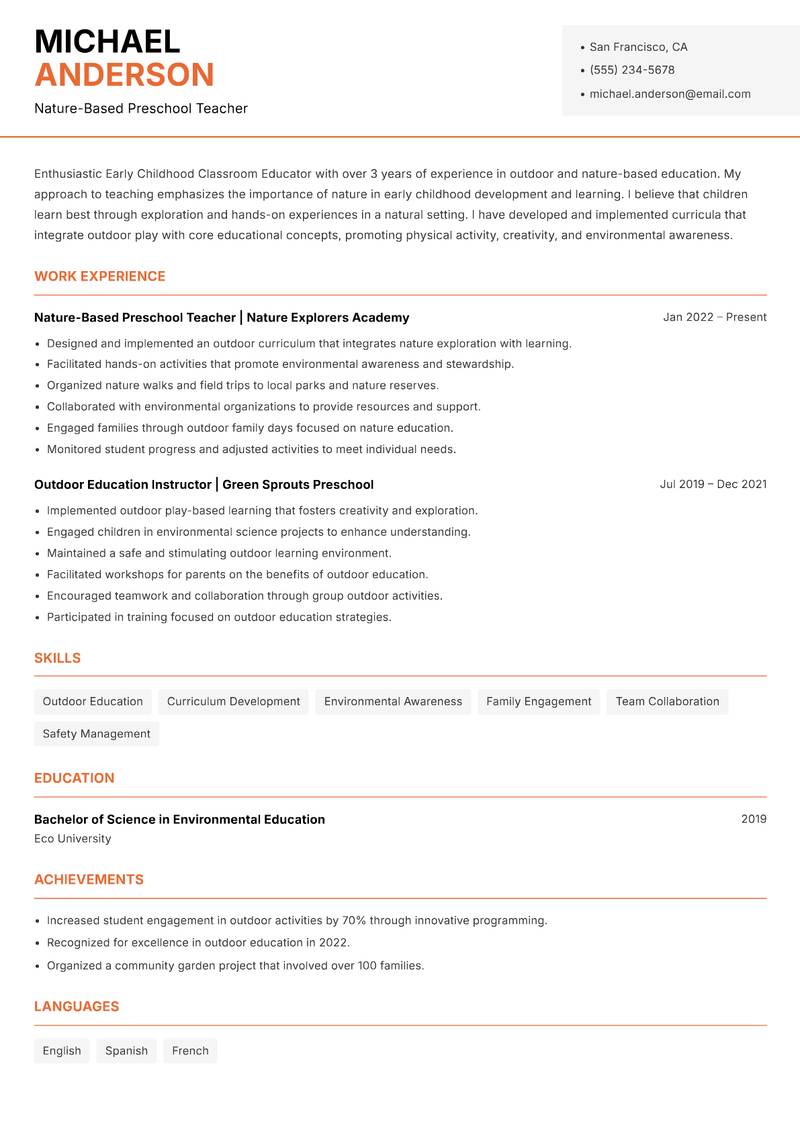 Early Childhood Classroom Educator resume sample — Nature-Based Preschool Teacher focus