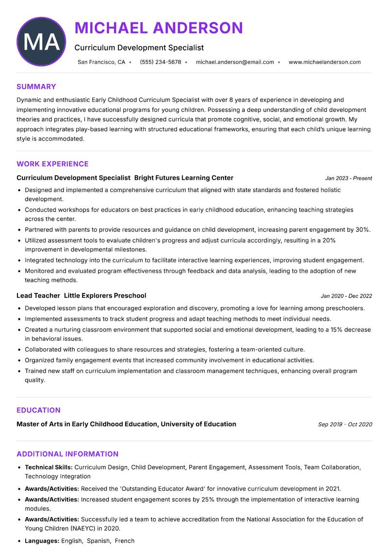 Early Childhood Curriculum Specialist resume example