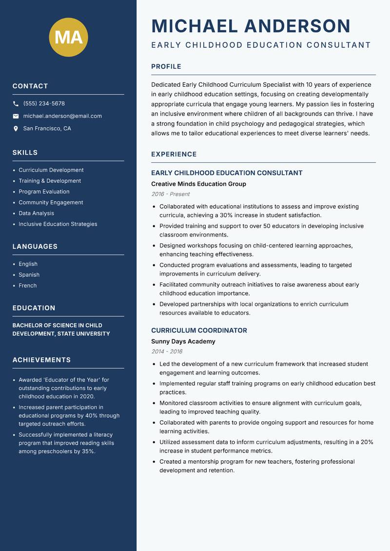 Early Childhood Curriculum Specialist resume sample — Early Childhood Education Consultant focus