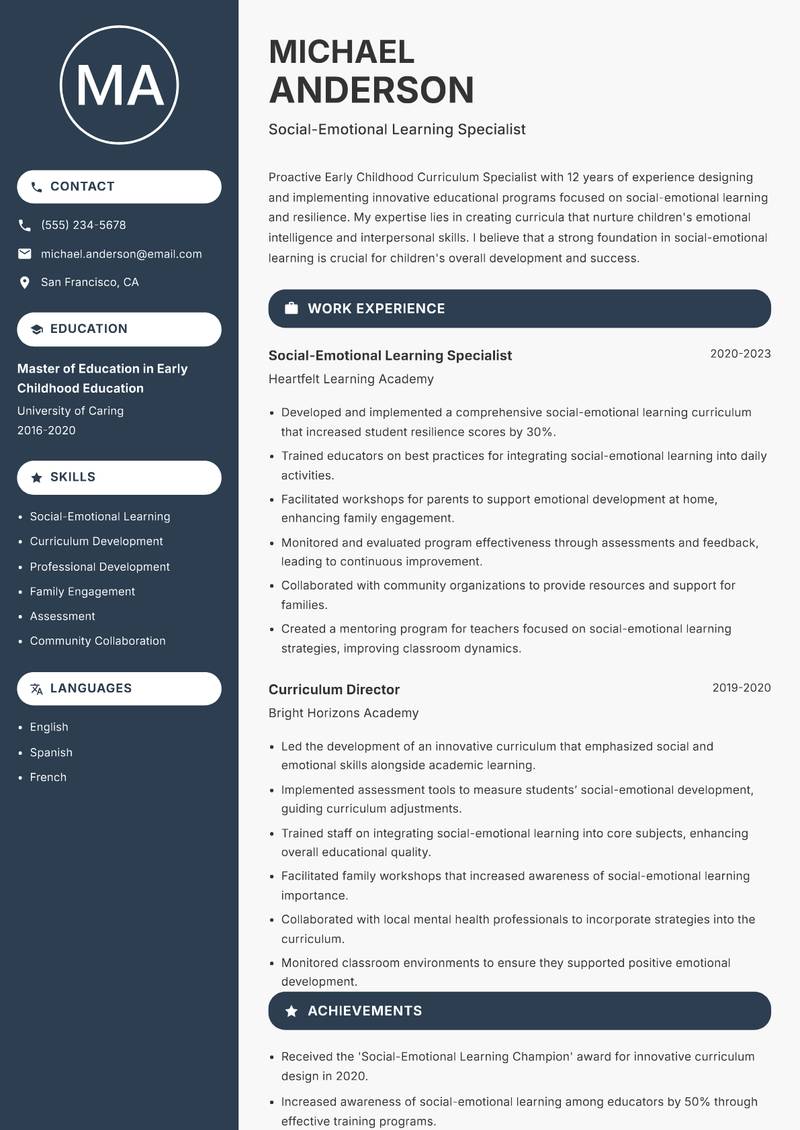 Early Childhood Curriculum Specialist resume sample — Social-Emotional Learning Specialist focus