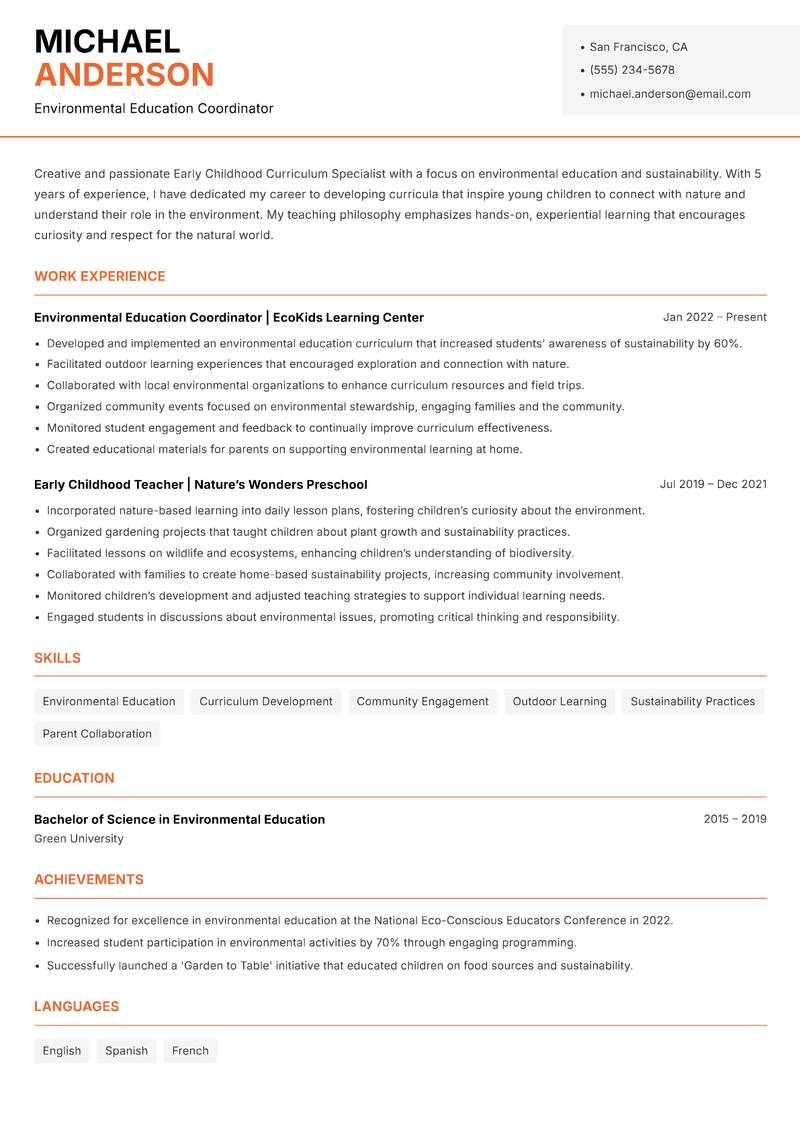 Early Childhood Curriculum Specialist resume sample — Environmental Education Coordinator focus