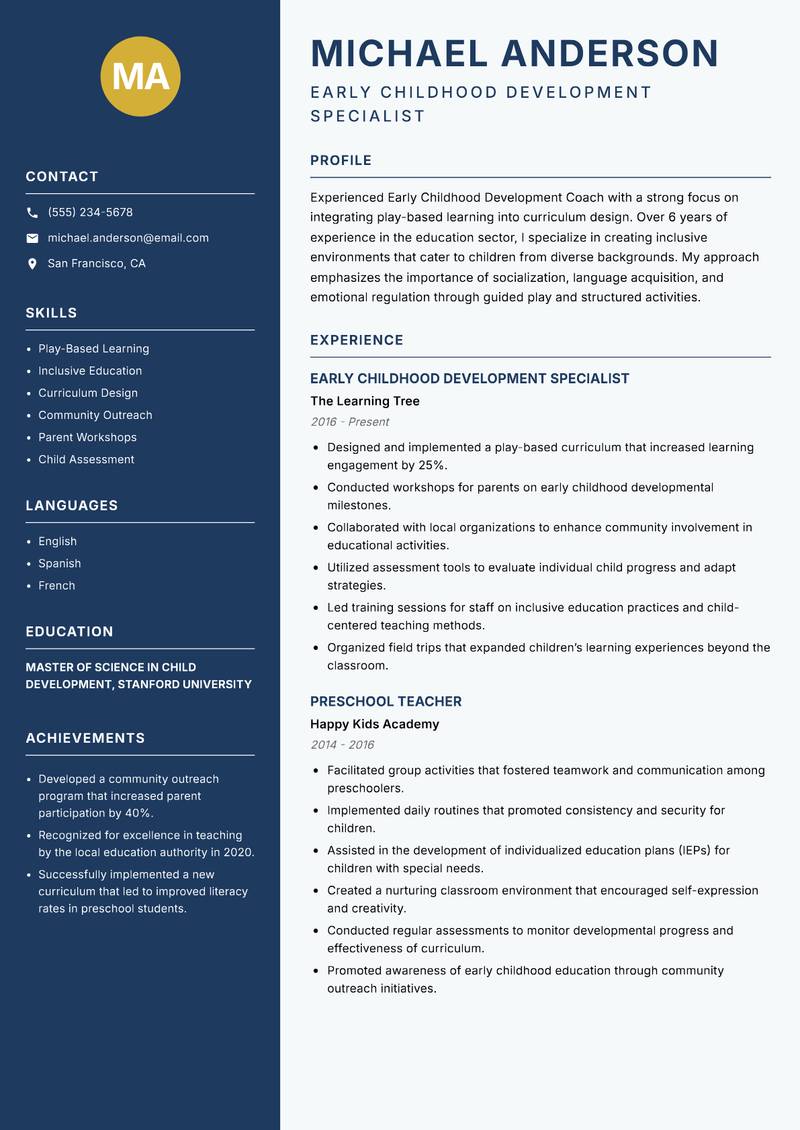 Early Childhood Development Coach resume sample — Early Childhood Development Specialist focus
