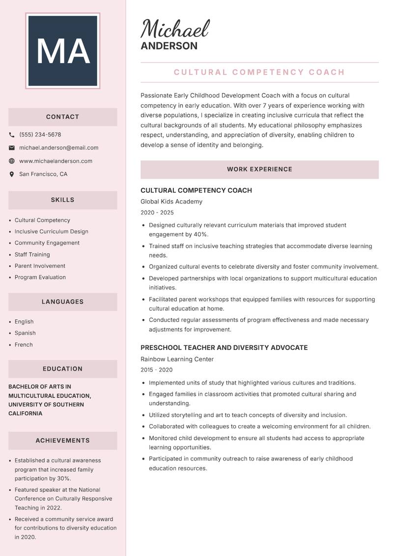 Early Childhood Development Coach resume sample — Cultural Competency Coach focus