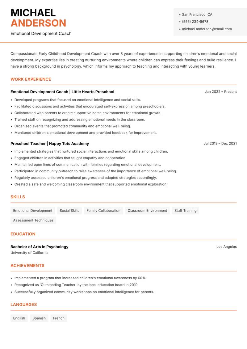 Early Childhood Development Coach resume sample — Emotional Development Coach focus