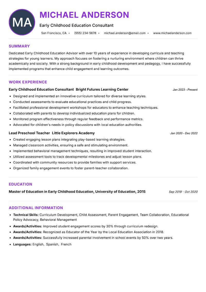 Early Childhood Education Advisor resume example