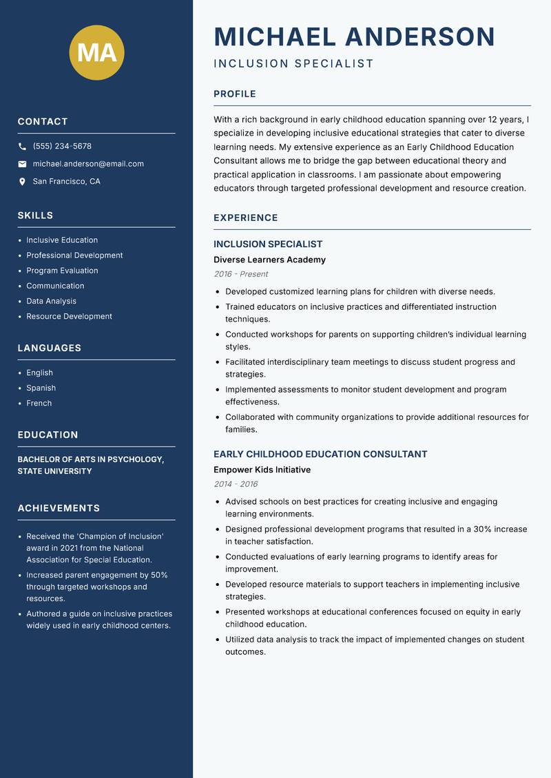 Early Childhood Education Consultant resume sample — Inclusion Specialist focus