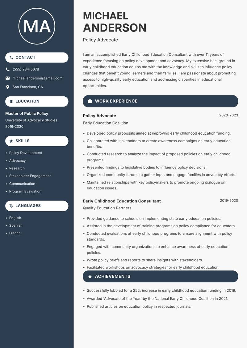 Early Childhood Education Consultant resume sample — Policy Advocate focus