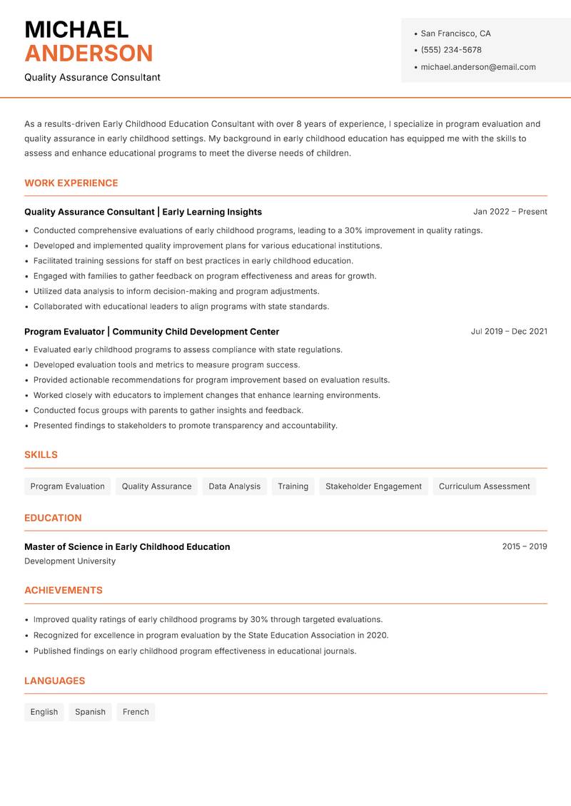 Early Childhood Education Consultant resume sample — Quality Assurance Consultant focus