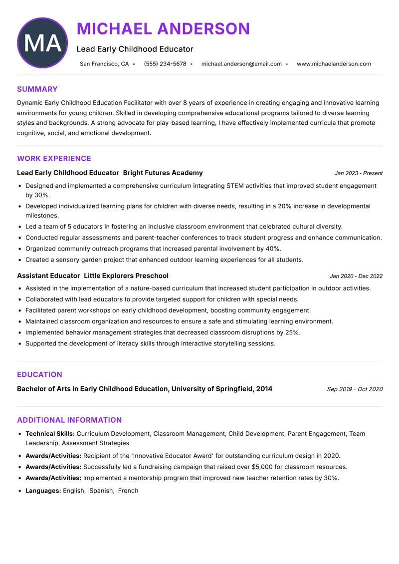 Early Childhood Education Facilitator resume example