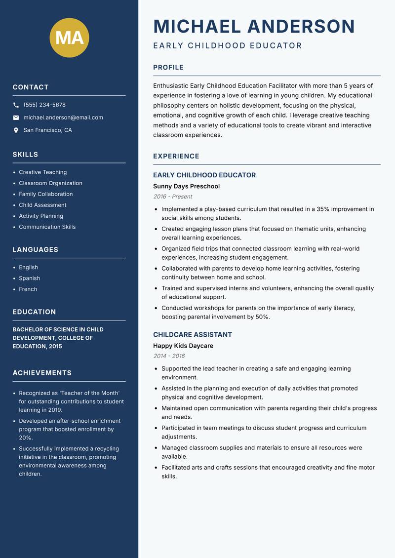 Early Childhood Education Facilitator resume sample — Early Childhood Educator focus