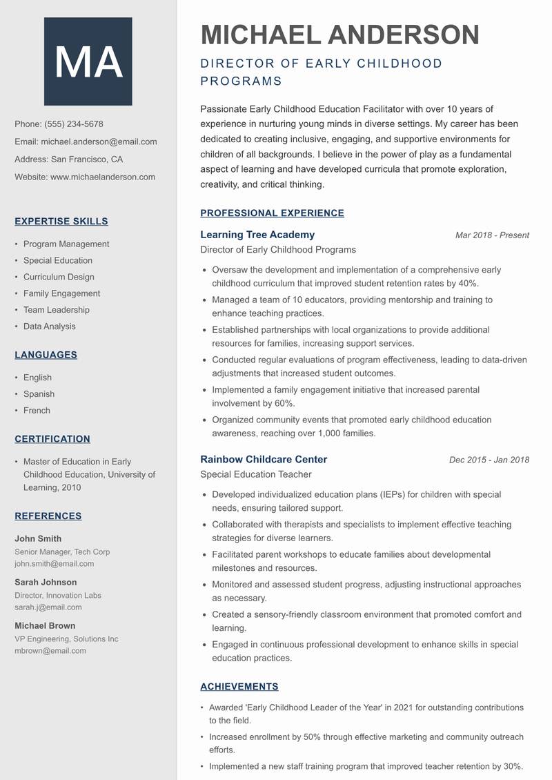 Early Childhood Education Facilitator resume sample — Director of Early Childhood Programs focus