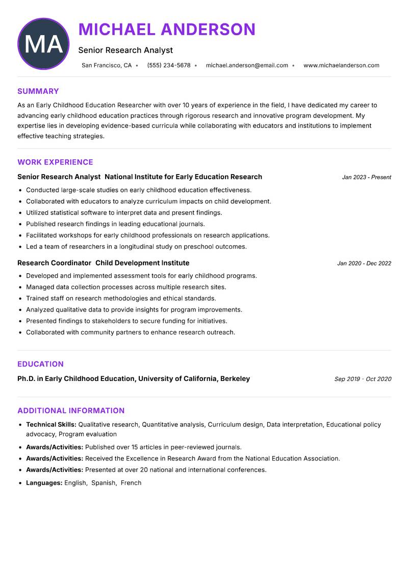 Early Childhood Education Researcher resume example