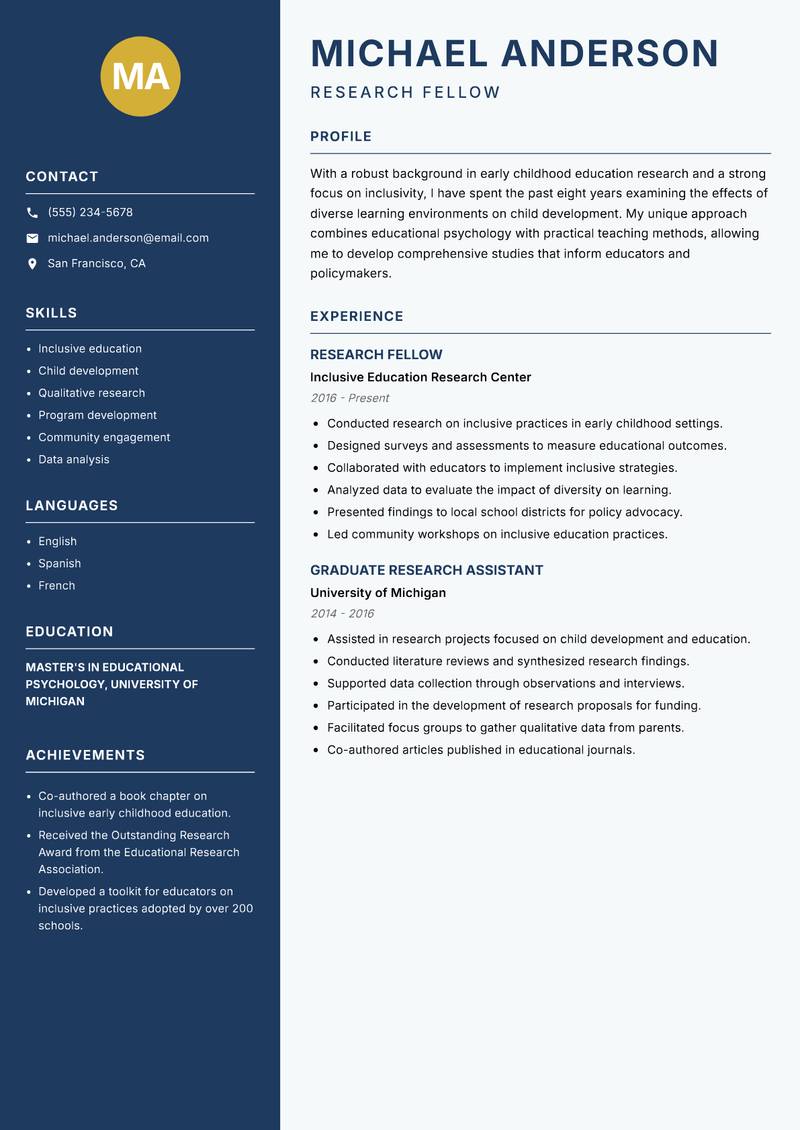 Early Childhood Education Researcher resume sample — Research Fellow focus