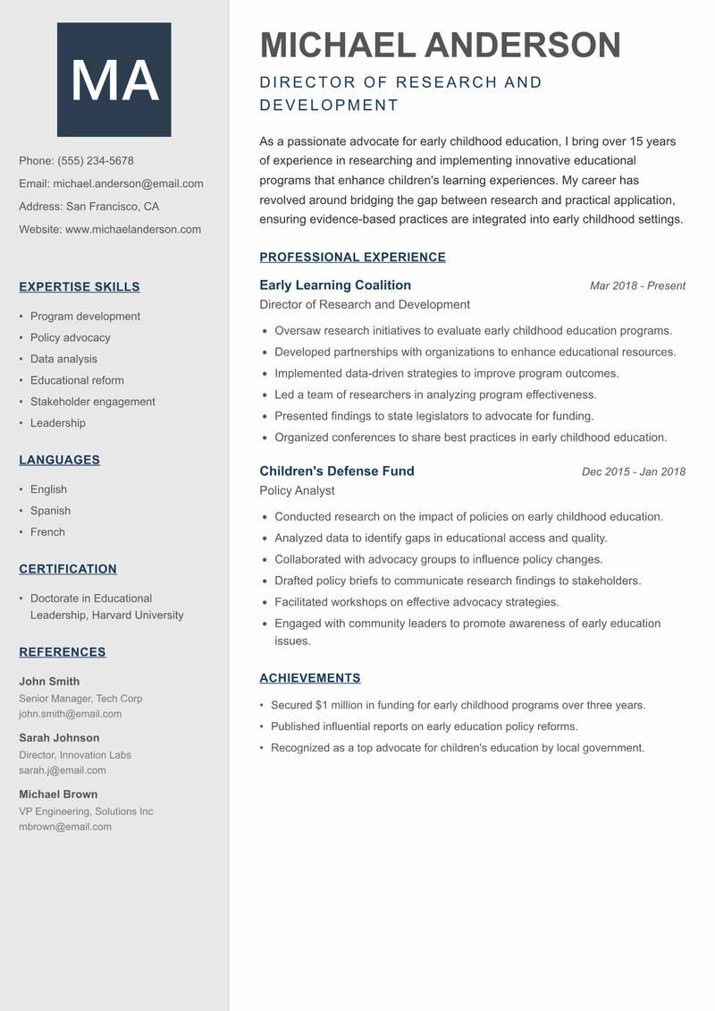 Early Childhood Education Researcher resume sample — Director of Research and Development focus