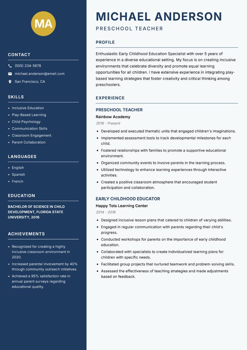 Early Childhood Education Specialist resume sample — Preschool Teacher focus