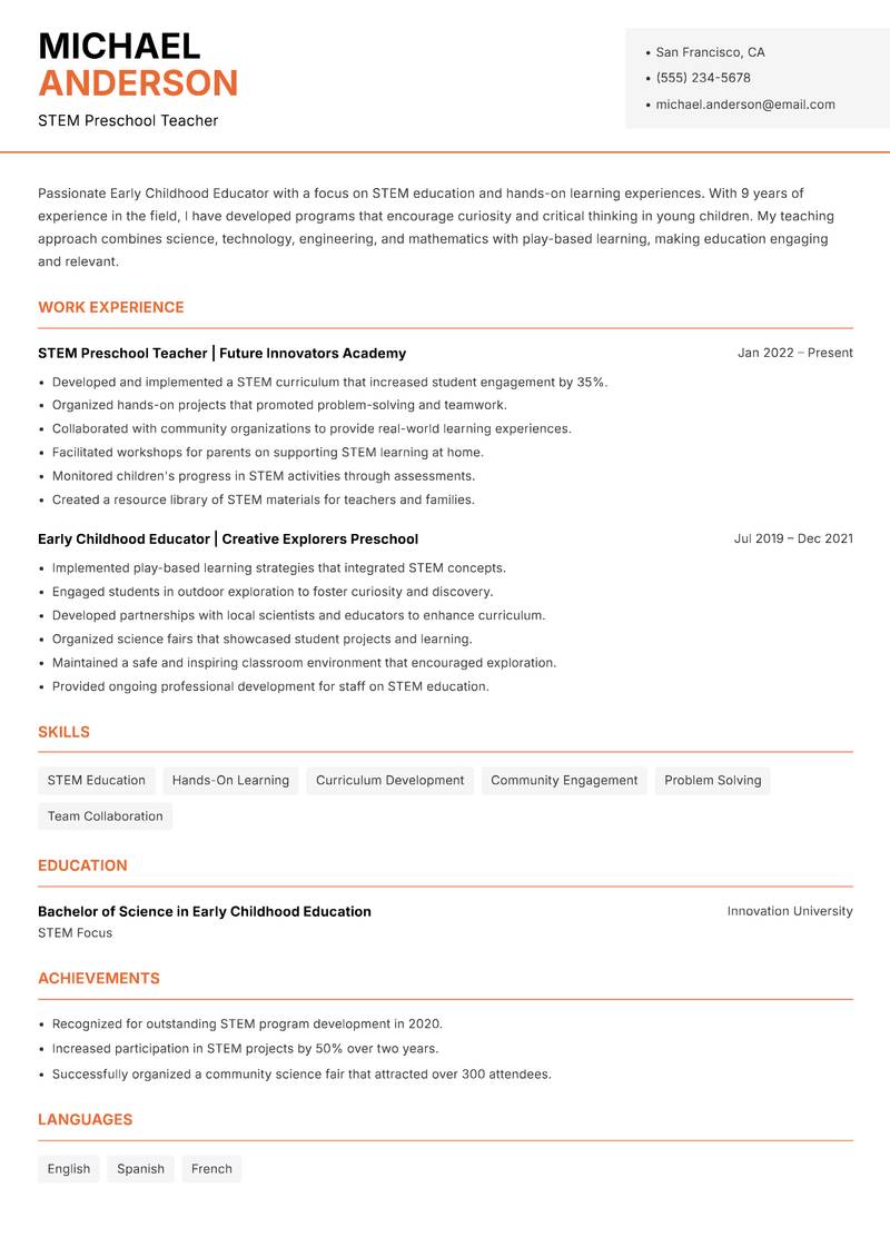 Early Childhood Educator resume sample — STEM Preschool Teacher focus
