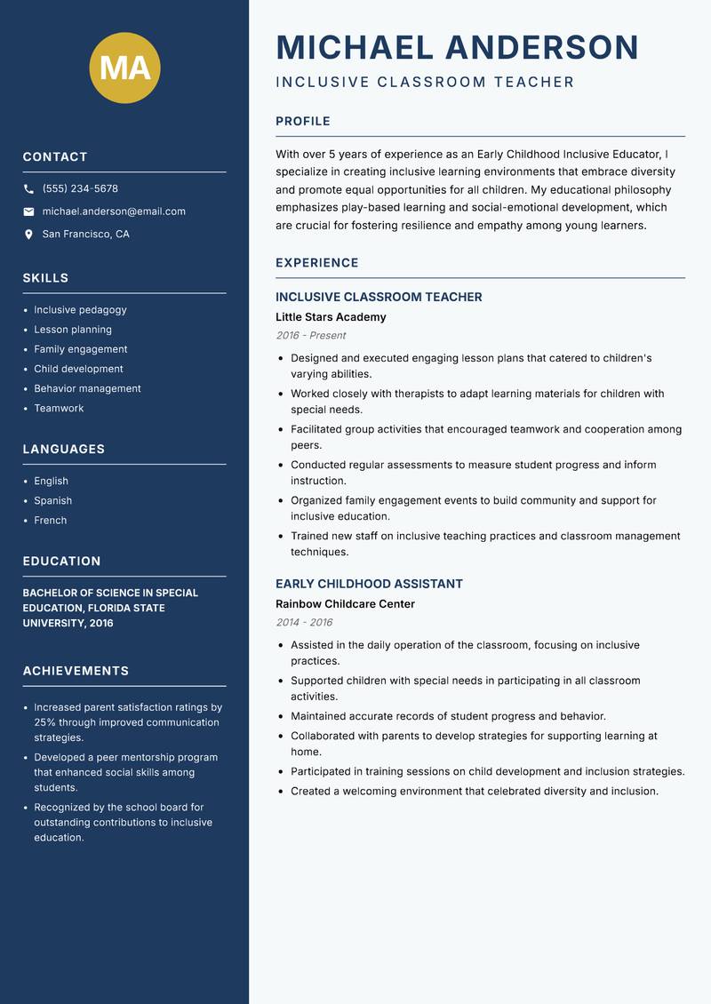 Early Childhood Inclusive Educator resume sample — Inclusive Classroom Teacher focus