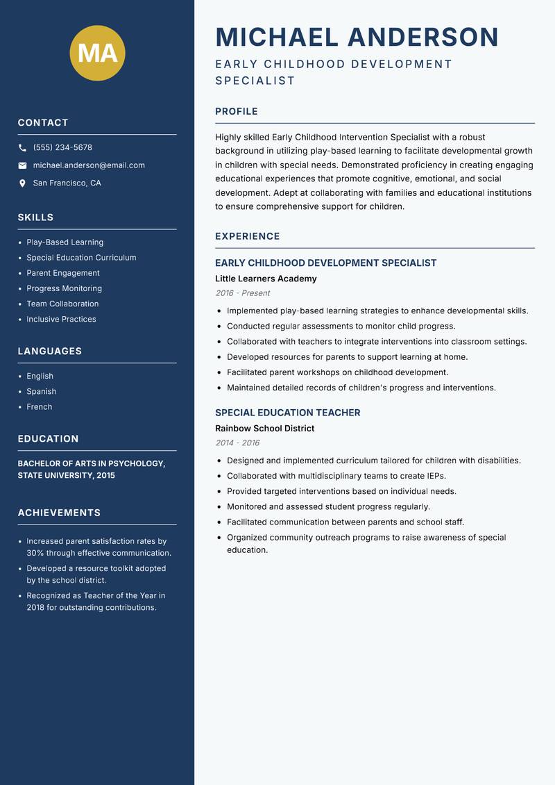 Early Childhood Intervention Specialist resume sample — Early Childhood Development Specialist focus