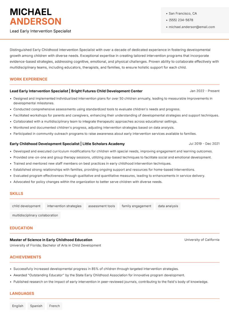 Early Childhood Intervention Specialist resume sample — Lead Early Intervention Specialist focus