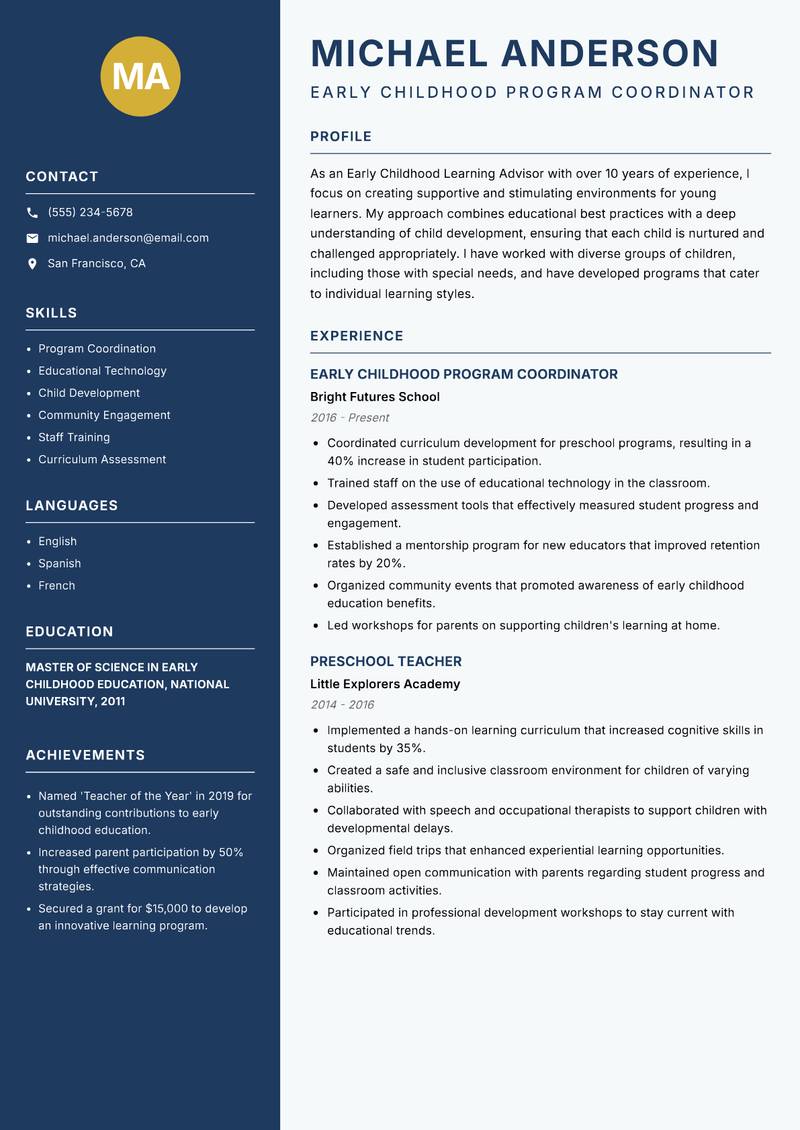 Early Childhood Learning Advisor resume sample — Early Childhood Program Coordinator focus