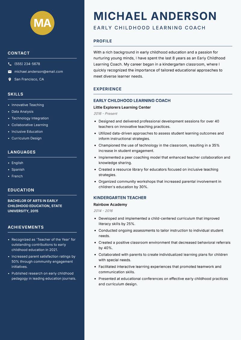 Early Childhood Learning Coach resume sample — Early Childhood Learning Coach focus
