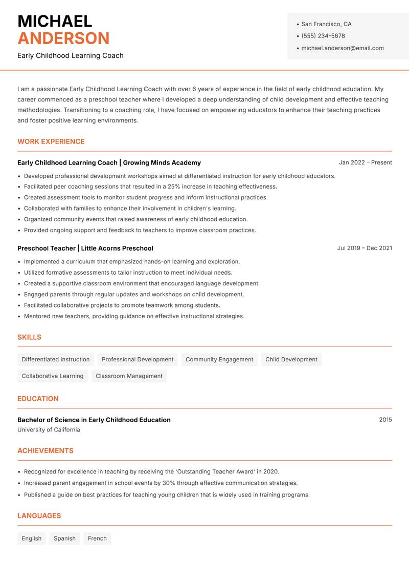 Early Childhood Learning Coach resume sample — Early Childhood Learning Coach focus