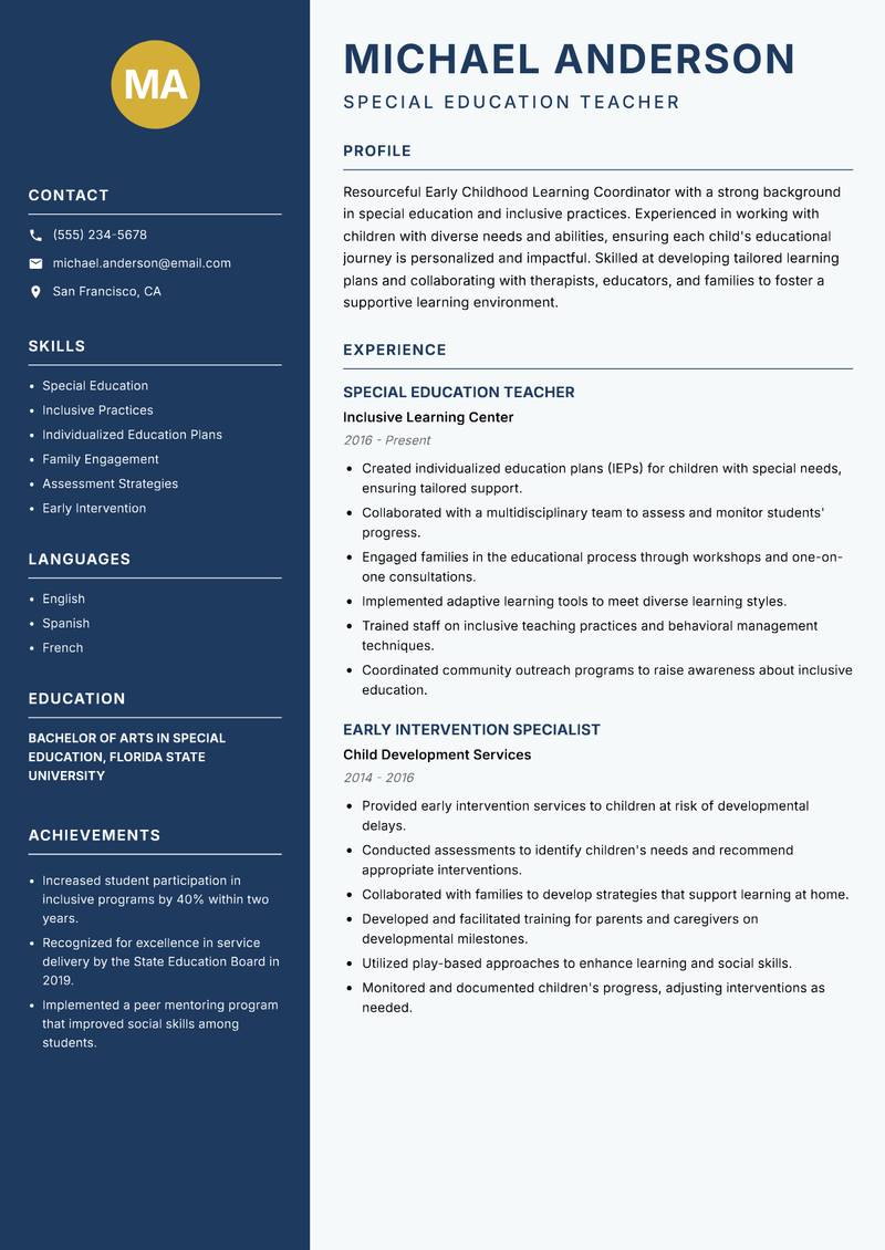 Early Childhood Learning Coordinator resume sample — Special Education Teacher focus