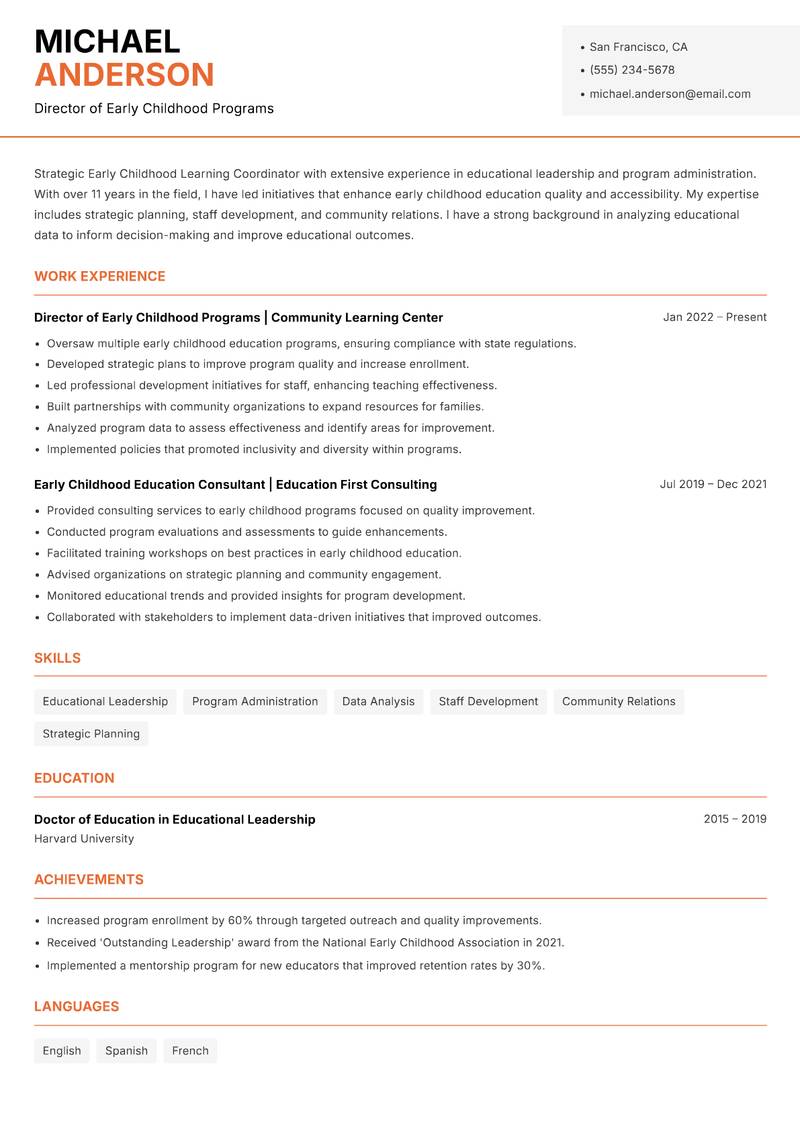 Early Childhood Learning Coordinator resume sample — Director of Early Childhood Programs focus