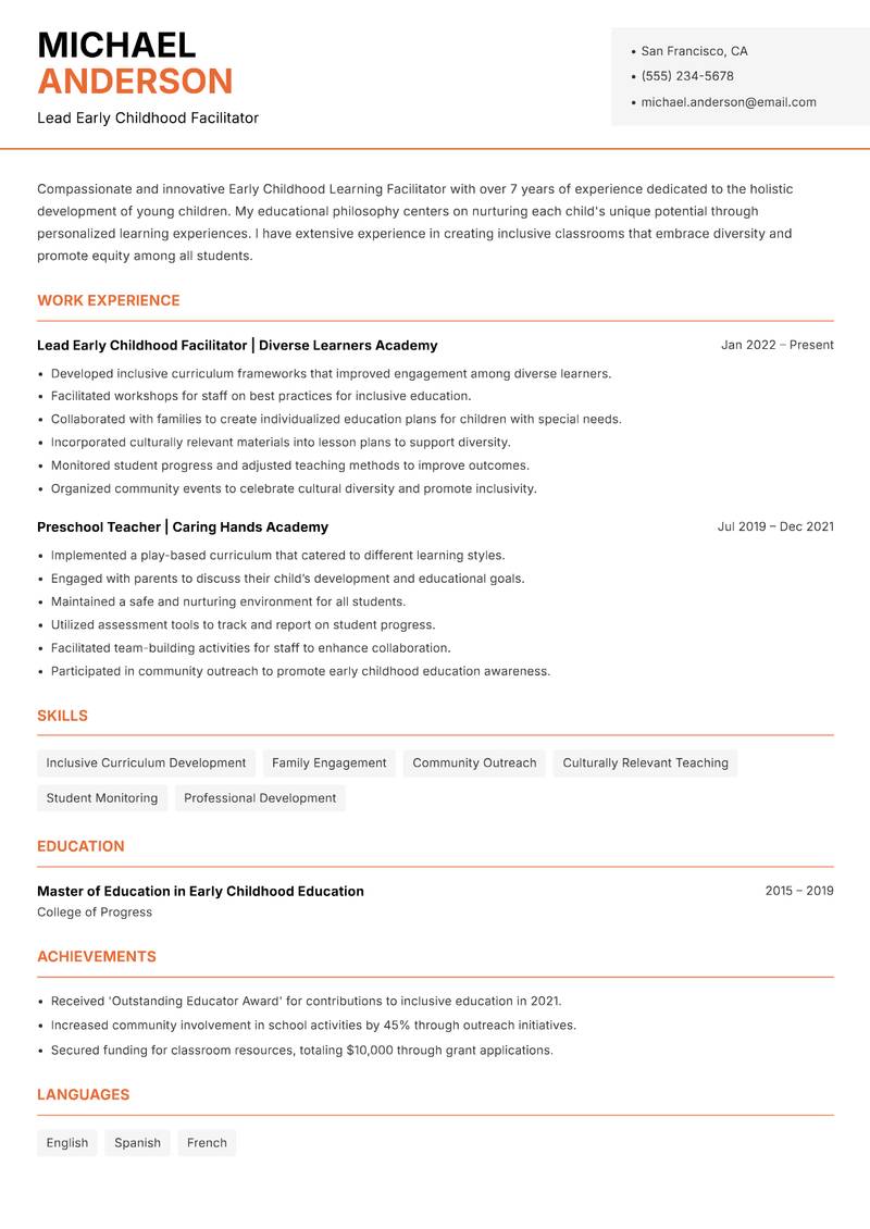 Early Childhood Learning Facilitator resume sample — Lead Early Childhood Facilitator focus