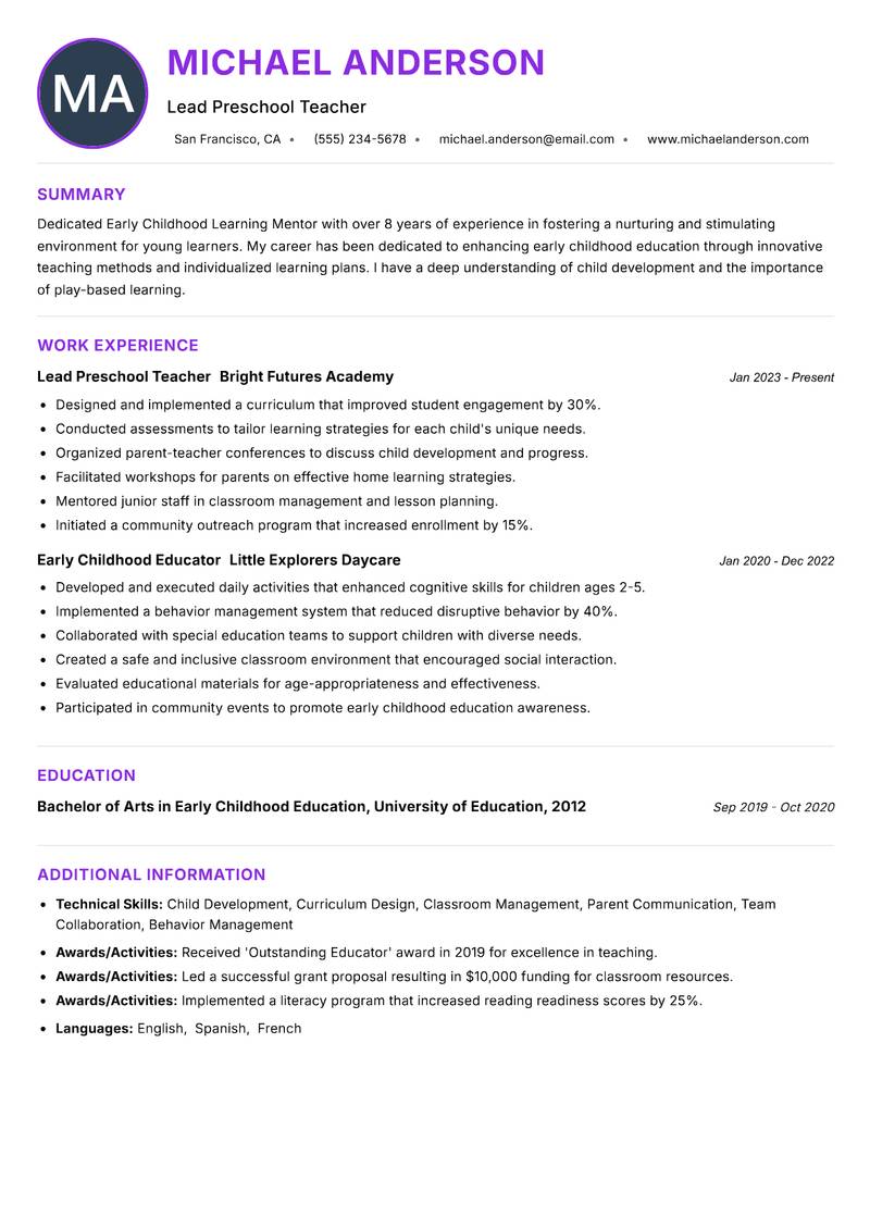 Early Childhood Learning Mentor resume example