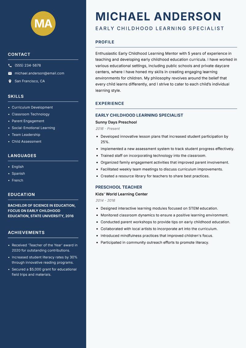 Early Childhood Learning Mentor resume sample — Early Childhood Learning Specialist focus