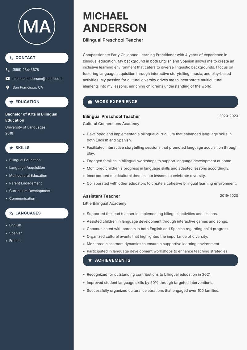 Early Childhood Learning Practitioner resume sample — Bilingual Preschool Teacher focus