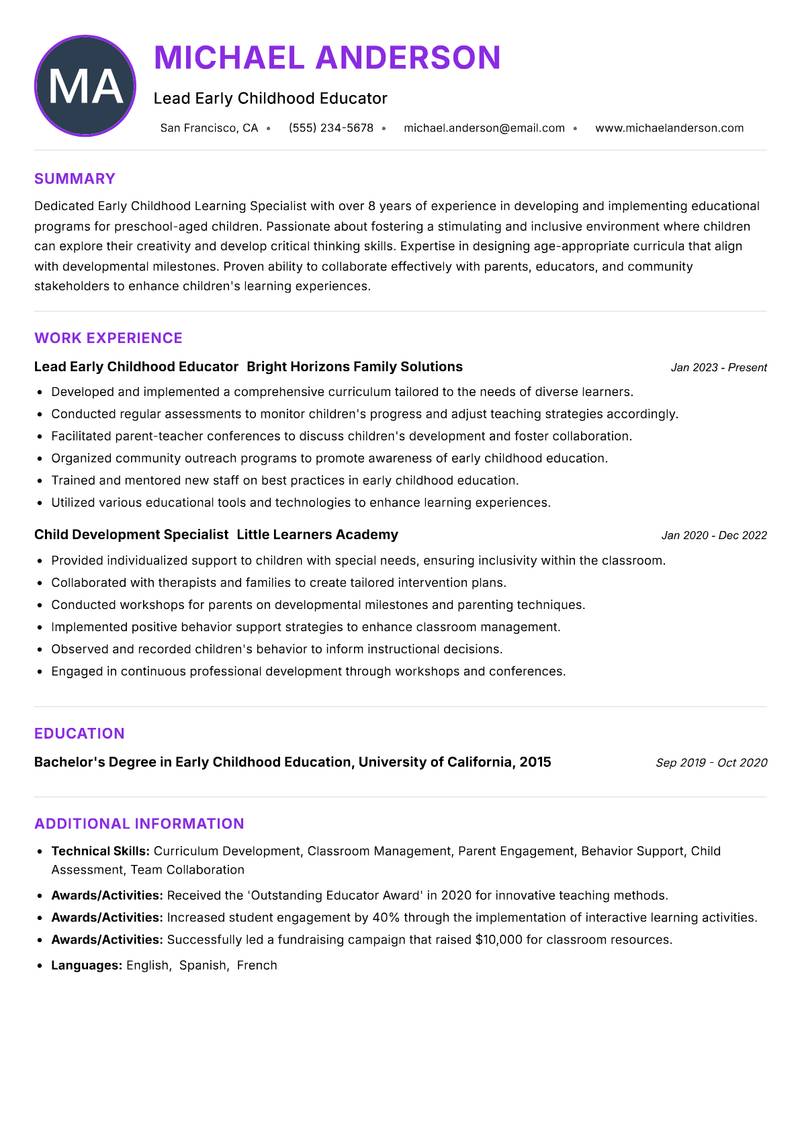 Early Childhood Learning Specialist resume example