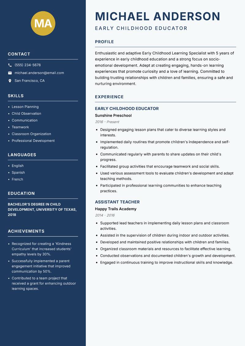 Early Childhood Learning Specialist resume sample — Early Childhood Educator focus