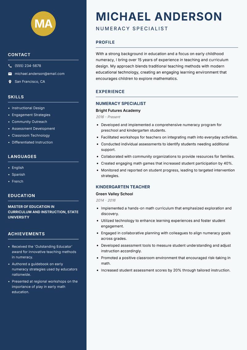 Early Childhood Numeracy Educator resume sample — Numeracy Specialist focus