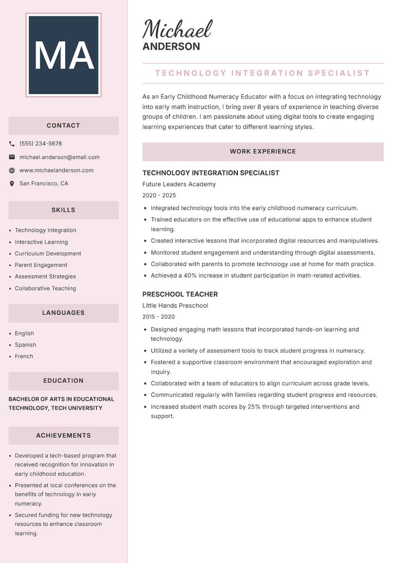 Early Childhood Numeracy Educator resume sample — Technology Integration Specialist focus
