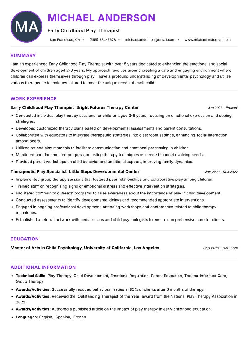 Early Childhood Play Therapist resume example