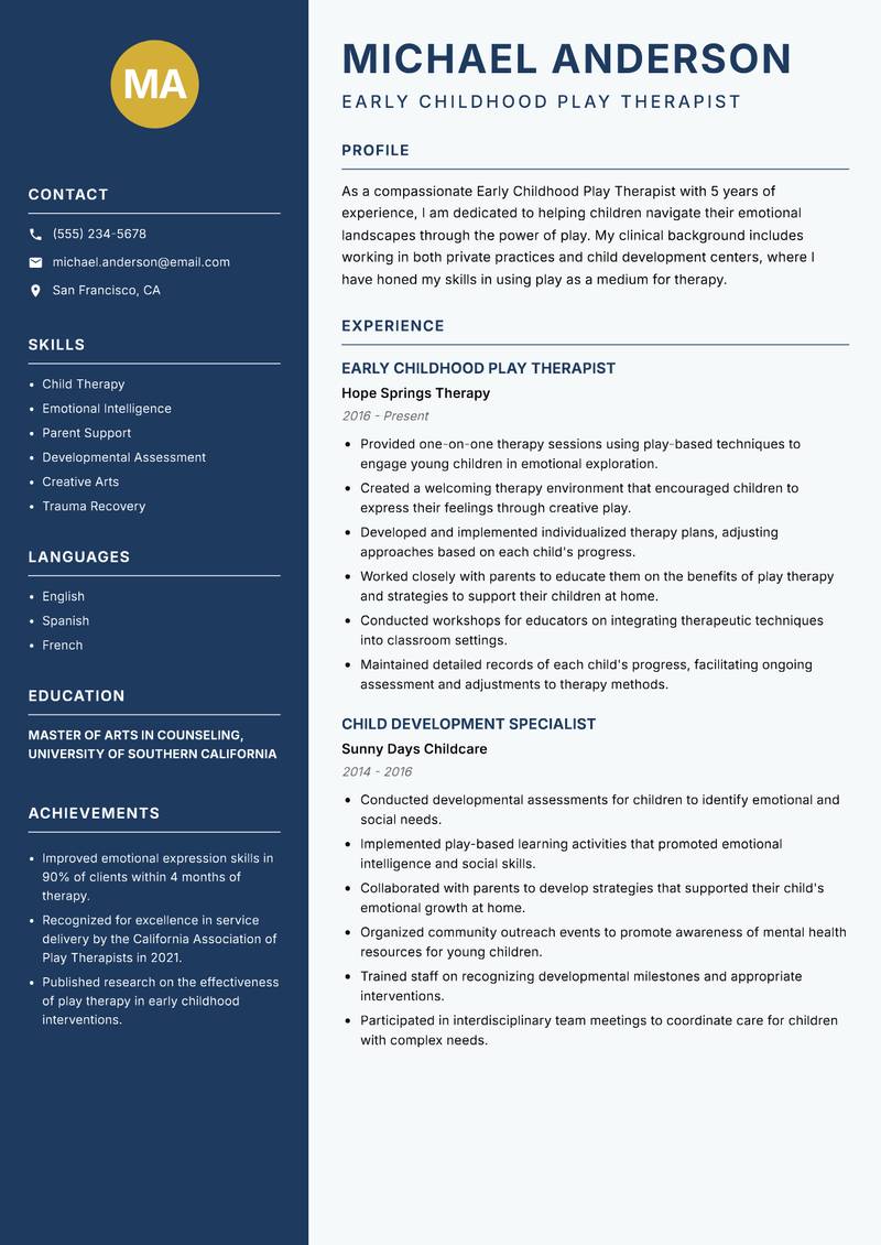Early Childhood Play Therapist resume sample — Early Childhood Play Therapist focus