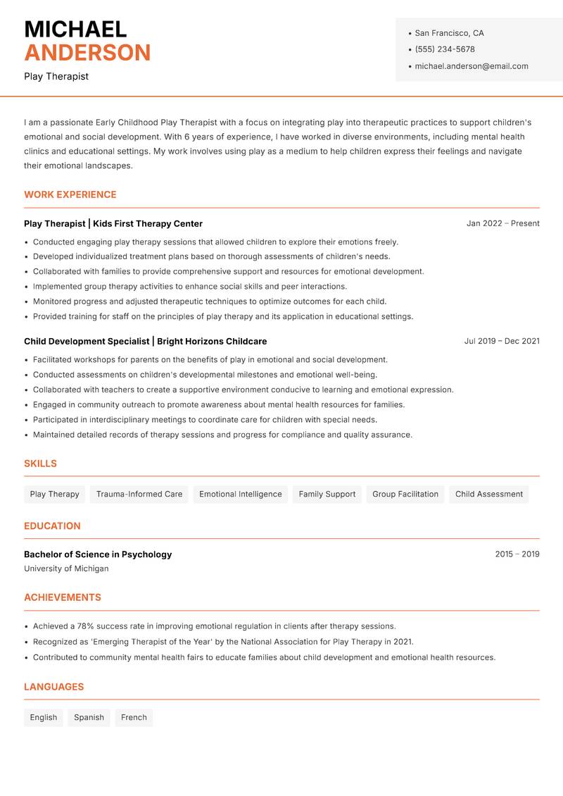 Early Childhood Play Therapist resume sample — Play Therapist focus