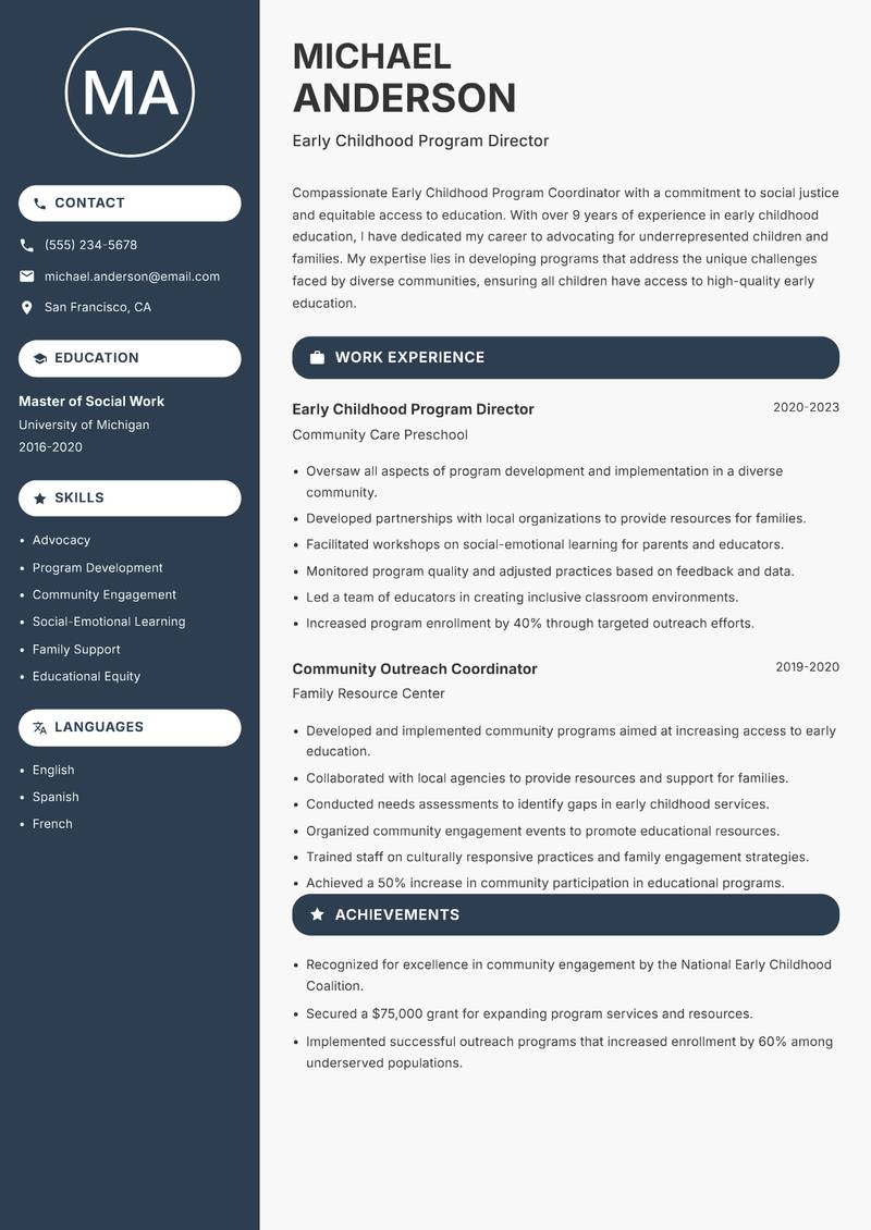 Early Childhood Program Coordinator resume sample — Early Childhood Program Director focus